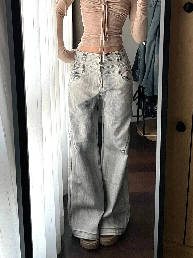 Casual Office Lady Baggy High Waist Grey Wide Legs Pants Cyber Trousers Korean Fashion Trend Jeans 2000s Aesthetic Spring Summer