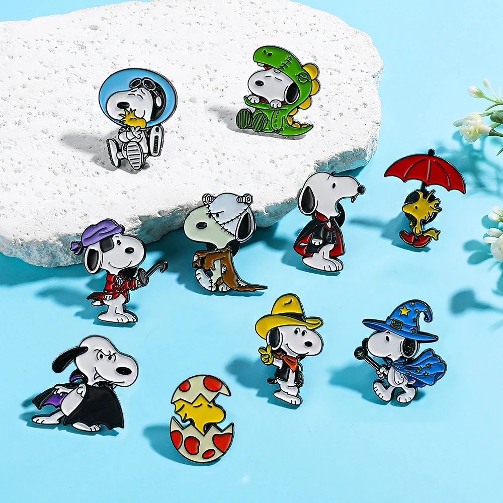 10Pcs Cute White Beagle Dog & Yellow Bird Enamel Pins Set Halloween Cosplay Wizard Dinosaur Vampire Lapel Badge Metal Brooch