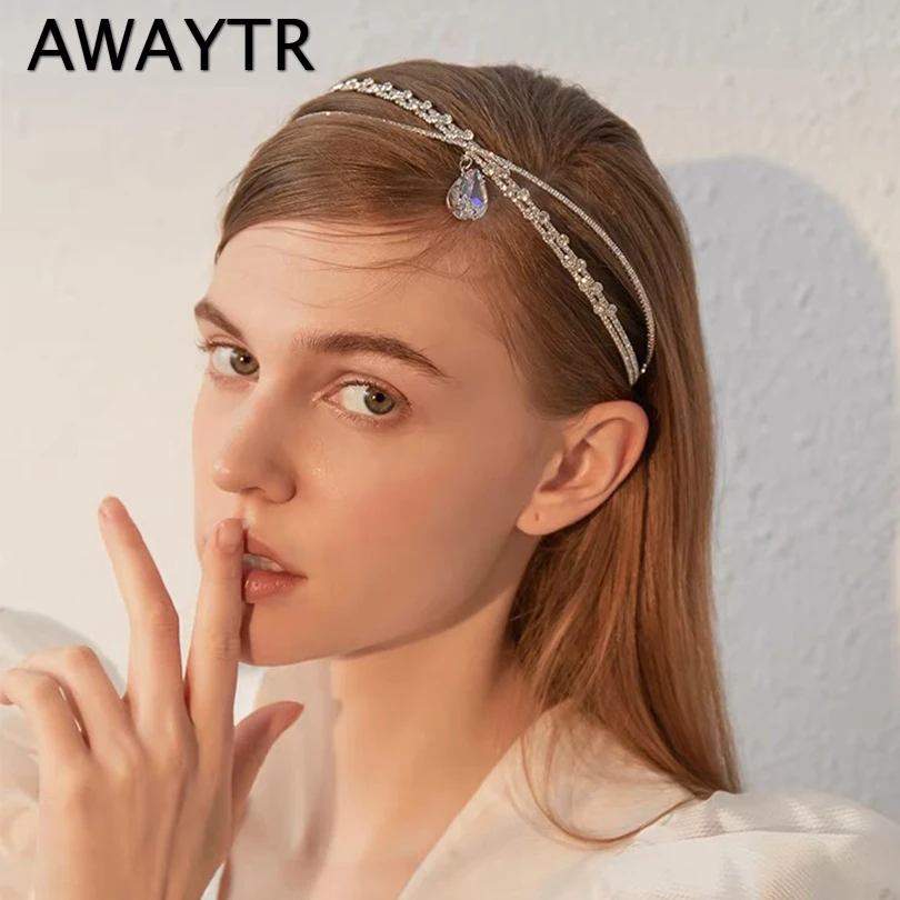 AWAYTR NEW Rhinestone Cross Headband Shiny Tassel Hairband Clavicle Chain Necklace For Women Hoop Fashion Jewelry Accessories