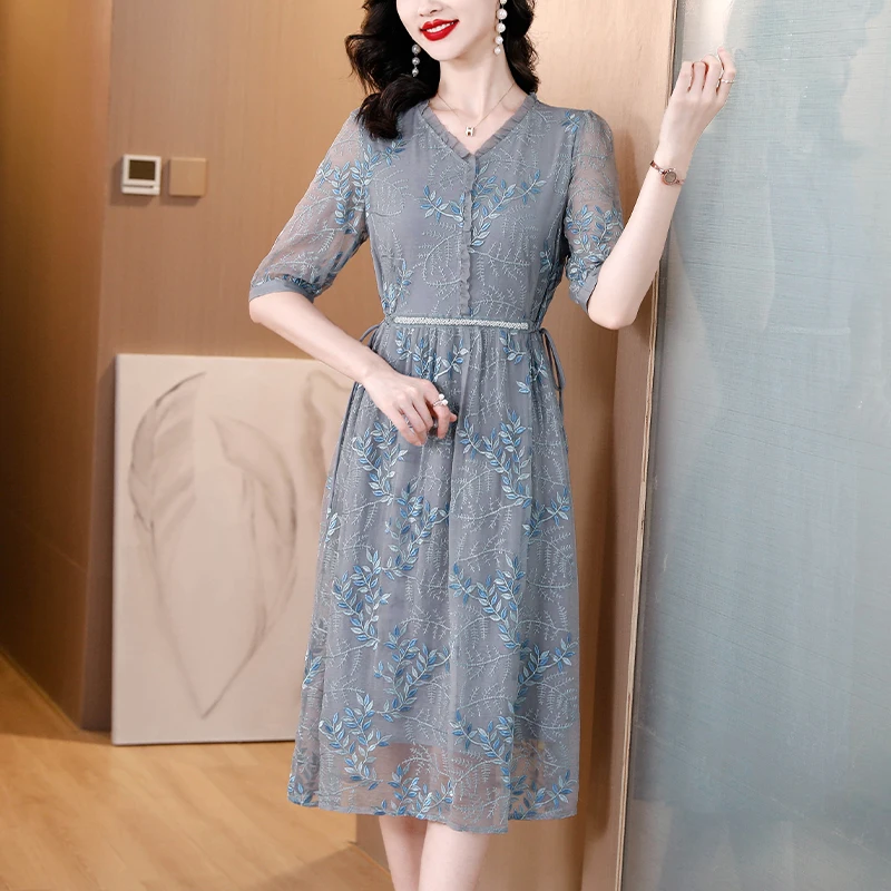 

Blue EmbroiderySilk Light Elegant Midi Dress Spring Summer Boho Casual Beach Sundress Women Korean Bodycon Party Dress