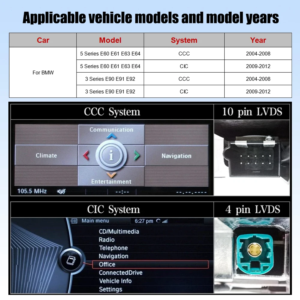 Radio de coche inalámbrico con CarPlay y Android Auto de 8.8 pulgadas para BMW Serie 3 y 5 E60 E61 E63 E64 E90 E91 E92 con sistema CCC CIC 2004-2012, sistema inteligente para coche, pantalla táctil multimedia inteligente con Bluetooth, navegación GPS, Autolink, Navi, Mirror Link, AirPlay.