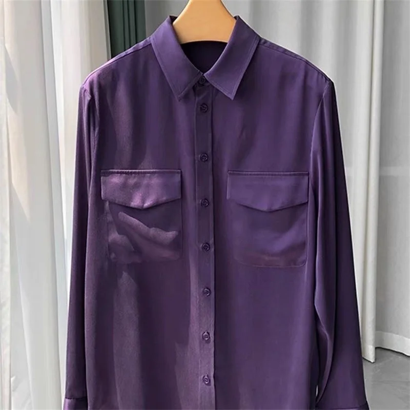 

Loose Satin Silk Casual Blouse Spring Autumn Long Sleeve Purple Shirts Turn Down Collar Double Pockets French Top