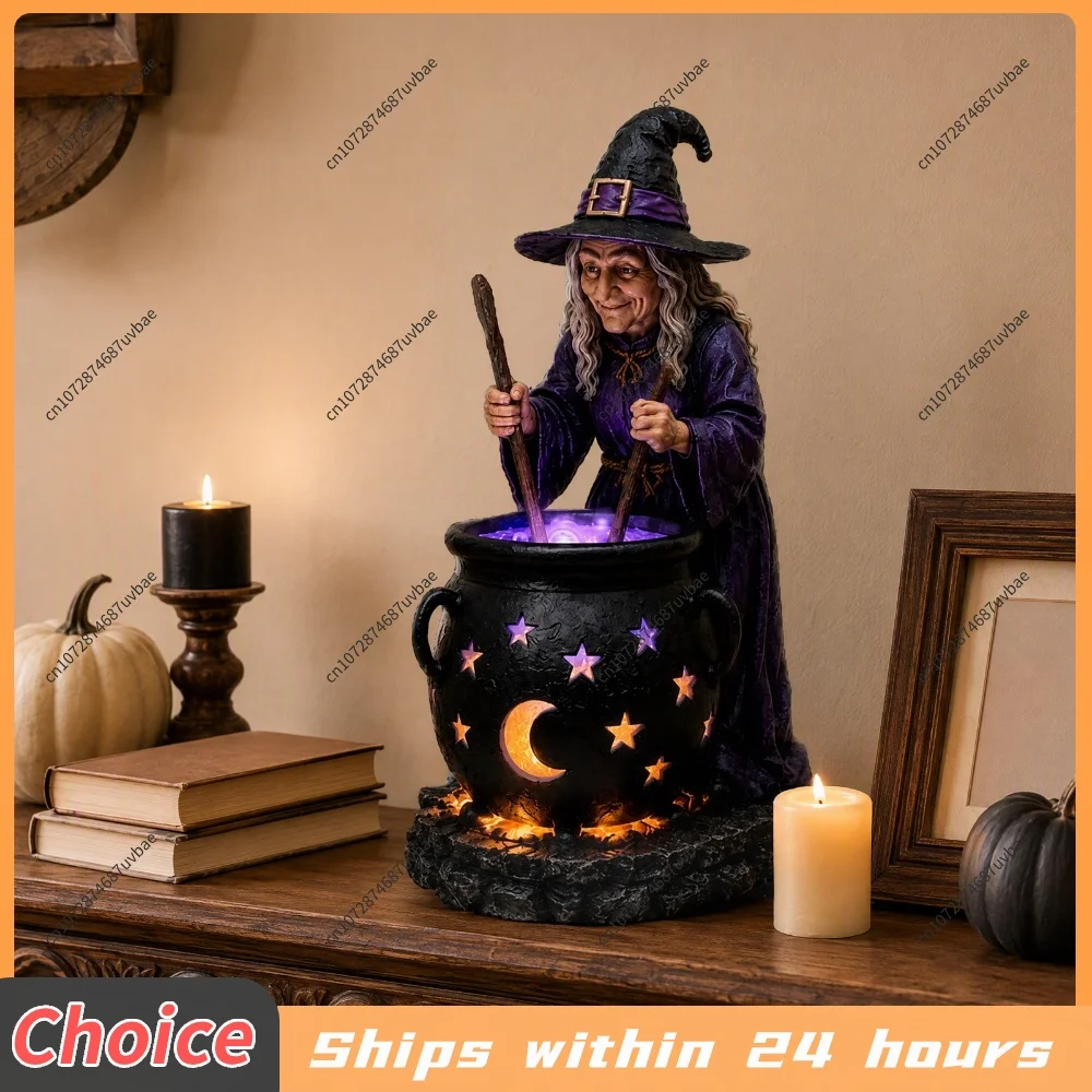 Solar Powered Halloween Witch Cauldron Garden Light Resin Figurine Outdoor Decor Glowing Stars Moon Yard