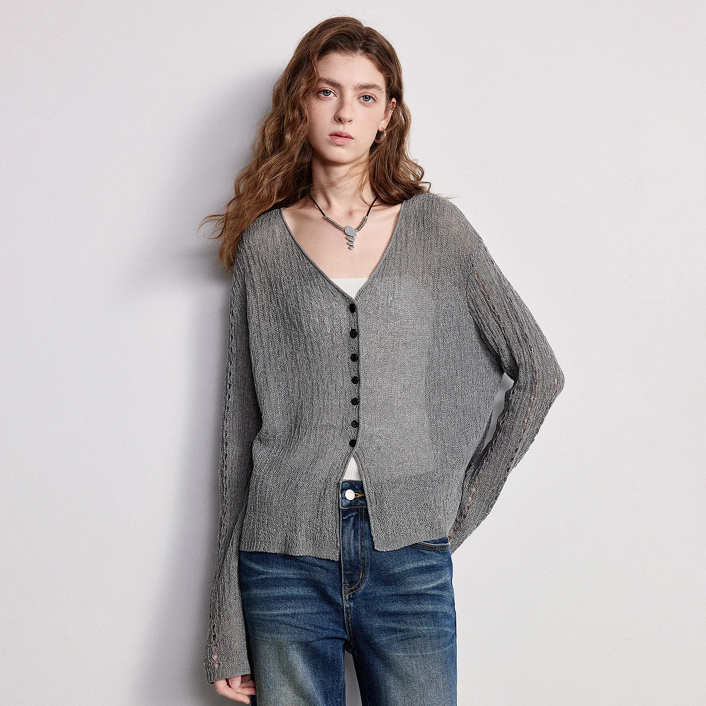 TOYOUTH Women Knitwear 2026 Spring New Loose Hollowed Out V-neck Cardigan Jacket - Detail 1