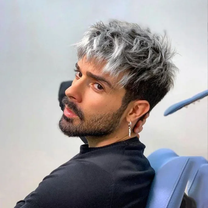 

European and American wigs Men's silver gray gradual change color messy short curly wig cover