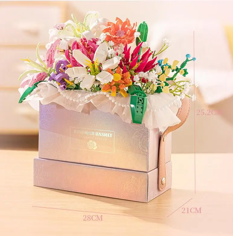 Flowers Bouquet Basket  Block DIY Building Brick Toy Gift Box Decor For Girls Lovers