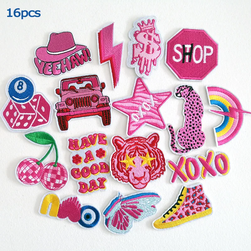 16Pcs/Lot New Style Pink Patches Ironing for Cloth Cartoon Animal Badges Girls Embroidery Stripes Sewing Supplies Appliques