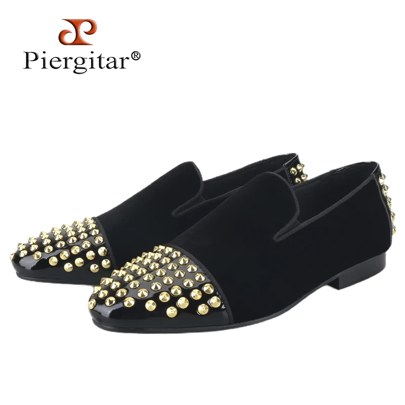 Piergitar Classic Model Blakc Velvet Slip-On Loafers With Front And Rear Handmade Gold Spikes Italy Style Men's Smoking Slippers