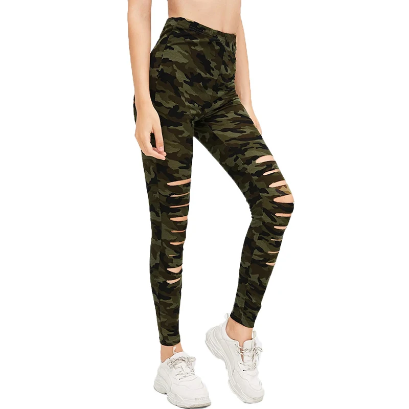 Mallas de camuflaje elásticas rasgadas para mujer, pantalones de cintura alta para entrenamiento, Fitness, correr, gimnasio, Push Up