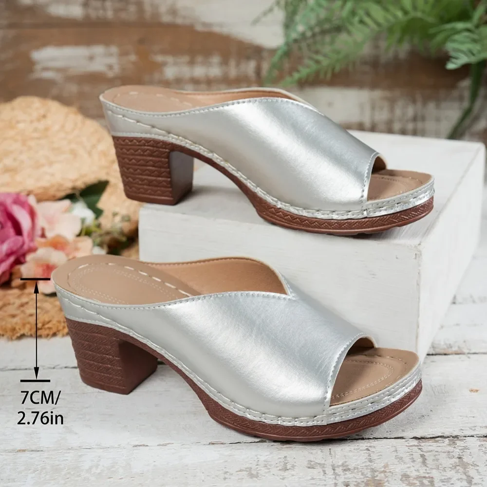 Women Chunky Block Heel Mule Sandals Open Toe Metallic Upper Turquoise Gem Decor Slip on Platform Slippers Ladies Summer Casual view 6