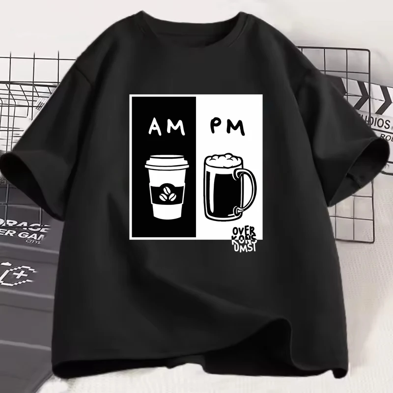 

AM to PM Beer and Coffee Enthusiast Pattern Neutral T-shirt Funny Casual Harajuku Men Women Tee Street Fashion Elegant Y2K Shirt