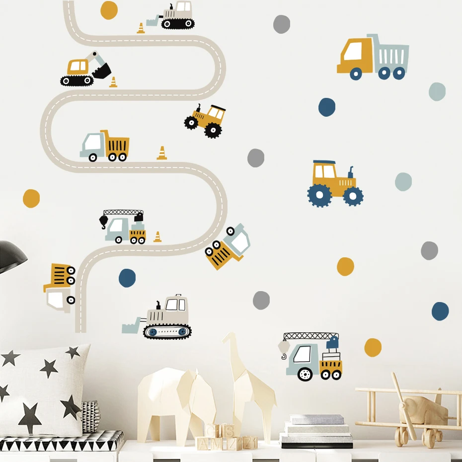 Construction Vehicle Urban build Road Car Dots Watercolor Nursery Stickers Wall Decals Print Kids Boys Room Interior Home Decor