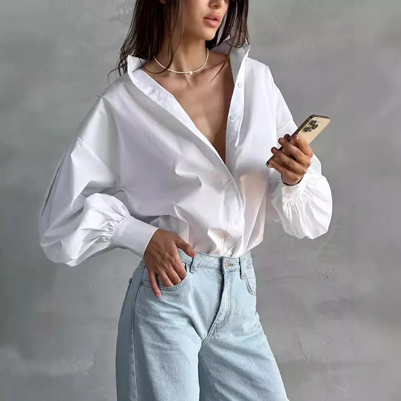 

Women's Solid Color Button-Down Shirt, Loose-Fit Fashionable Commute Round Neck Lantern Sleeve Top Casual Long Sleeve Shirt