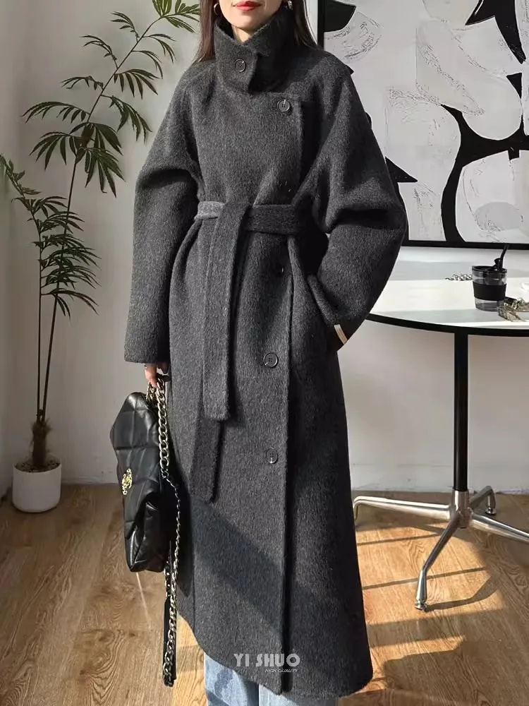 Korean Fashion Dark Gray Stand Collar 100%Wool Coat Women Long Winter Jacket