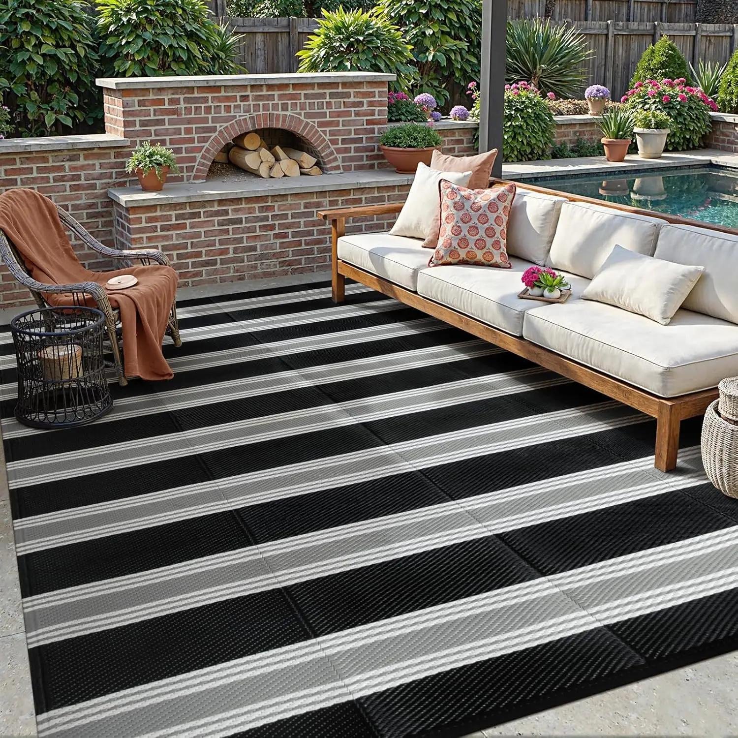 

Striped Outdoor Rug 8x10 Patio Waterproof, Reversible Outdoor Plastic Straw Rug for Camping, RV Patio Rugs Outside Large Carp
