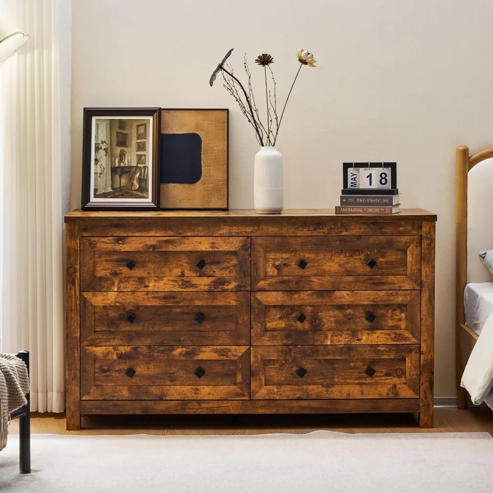 Dresser for Bedroom, Farmhouse Wood Chest of Drawers with Vintage Grain Texture, Drawer Double Dresser for Bedroom, Living Room