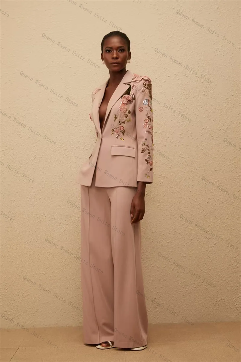 

Luxury Women Suit Set 2 Piece Blazer+Pants Appliqued Crystals Autumn Formal Office Lady Jacket Wedding Guest Coat Customized