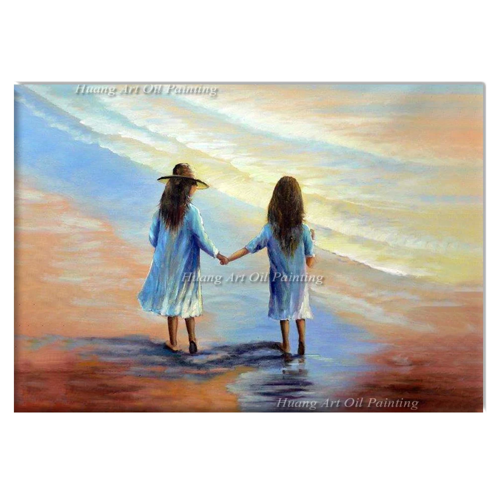 

Hand Painted Modern Oil Painting on Canvas Sister on The beach Hand in Hand with Love Landscape Girl Paintings for Home Decor