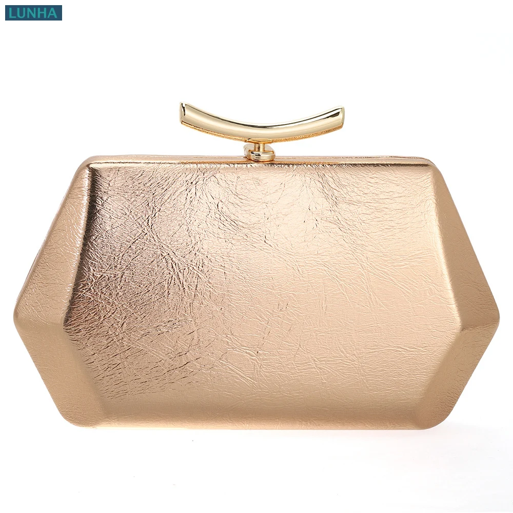 Champagne Hexagonal Hard Box Banquet Clutch Luxury PU Evening Purse Mini Formal Party Clutch Handbag for Women