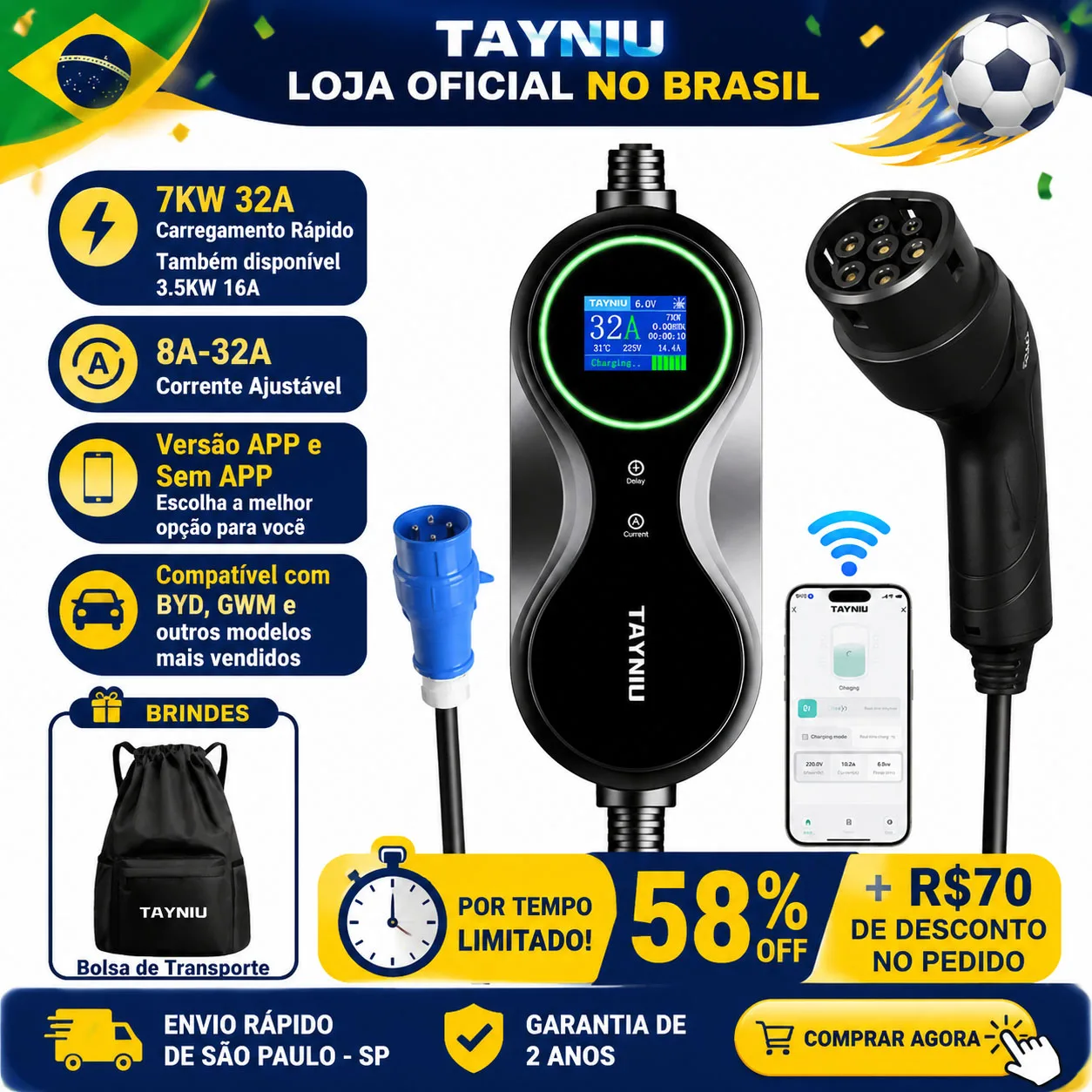 Carregador de Carro Elétrico Tayniu App 7KW 32A Wallbox 5M Tipo 2 3.5KW 16A 110V - imagem 1