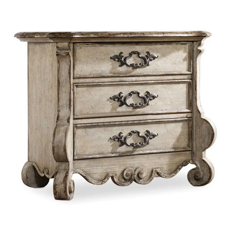 

Solid wood carving flower bedside American retro old three-bucket cabinet, storage bedroom storage cabinet