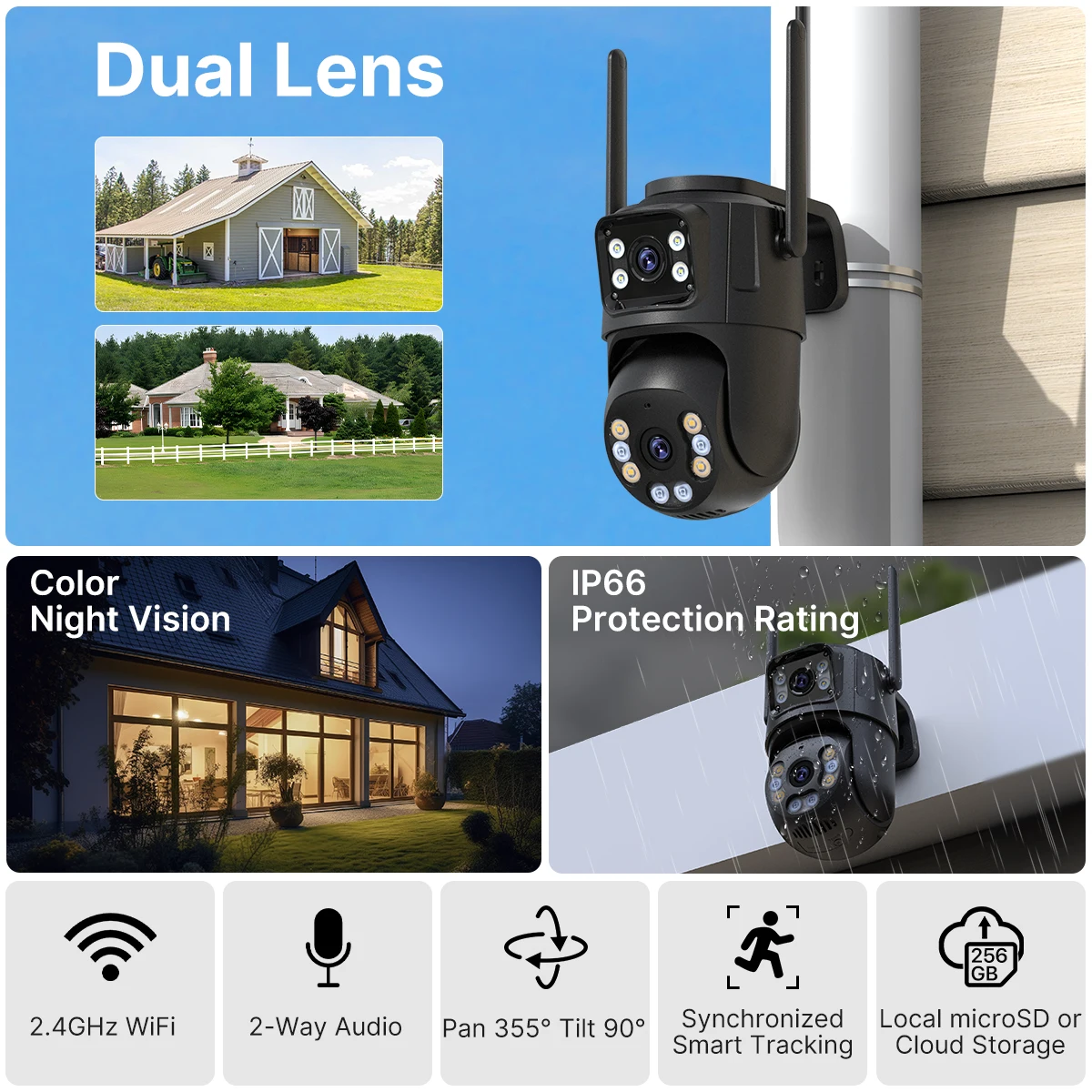WONSDAR 2.4GHz＆5GHz WiFi IP Camera Outdoor Dual Screen Auto Tracking PTZ Camera ICSee Security Protection Video Surveillance
