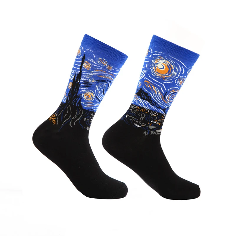 Men Cotton Retro Abstract Oil Painting Art Socks Shout Modern Van Gogh Starry Night Happy Oil Painting Skateboard Sock