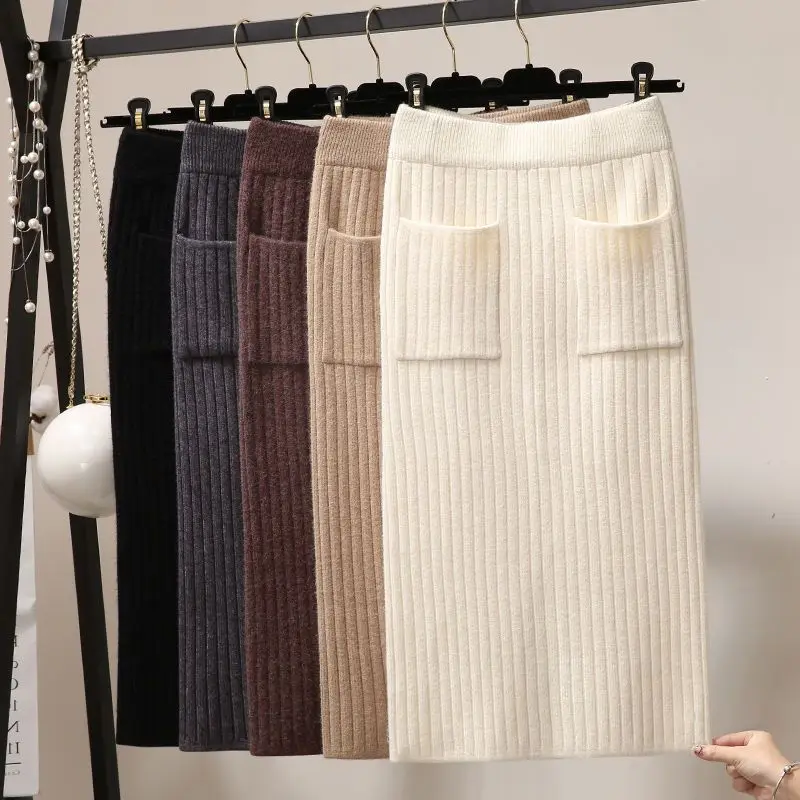 

Vintage Women Thick Sweater Skirt Elastic High Waist Pleated Midi Knitted Pencil Female Elegant s Spring Autumn R273