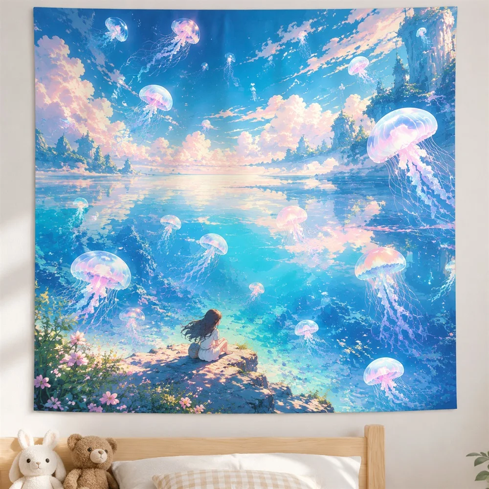 VIKAMA Glowing Jellyfish Anime Tapestry Wall Hanging, Dreamy Anime Wall Decor Tapestries for Bathroom Bedroom Living Room Study