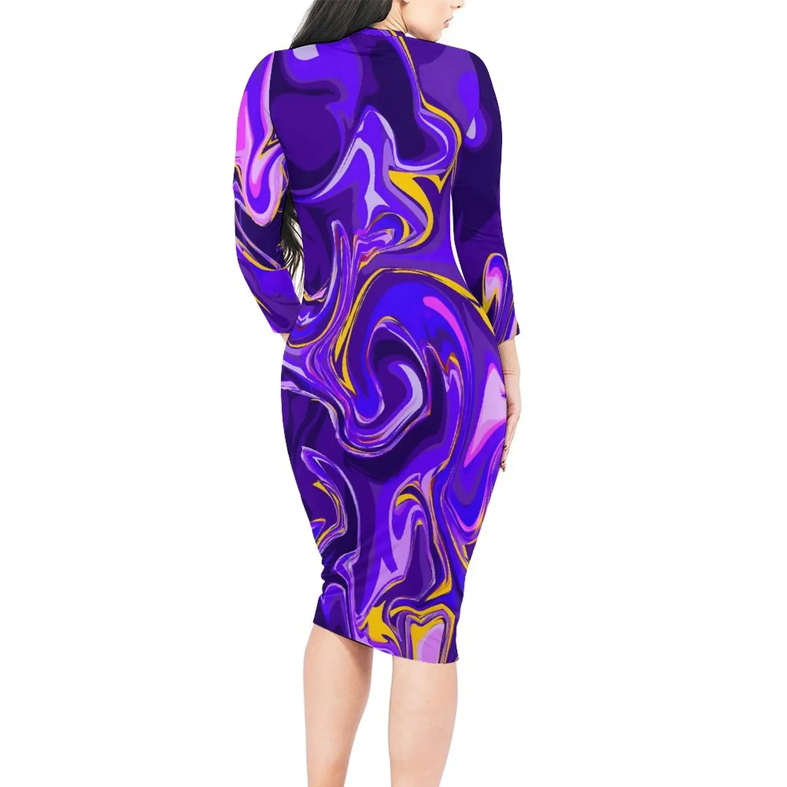 Purple Marble Bodycon Dress Woman Liquid Design Elegant Dresses Summer Long Sleeve Street Fashion Graphic Dress Large Size