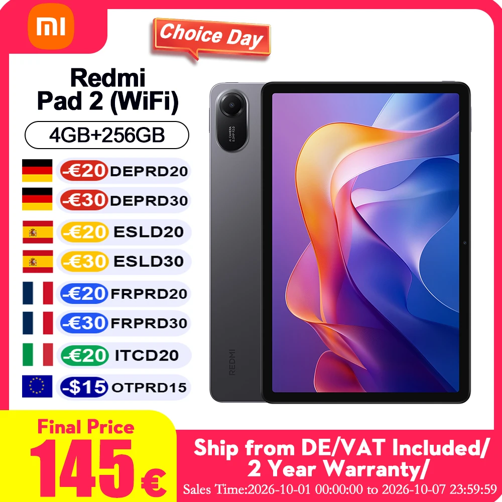 Versione Globale Xiaomi Redmi Pad 2 Wifi 11" Display 2.5K Ultra Nitido con Processore Mediatek Helio G100-Ultra Batteria Grande da 9000mAh