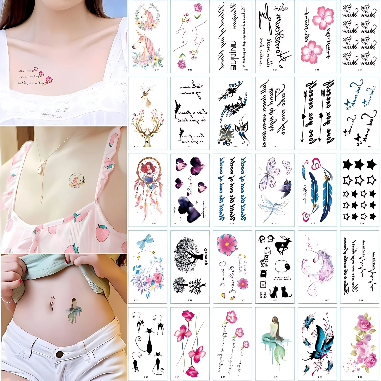 30pcs/pack Small Transfer Tattoos Heart Deer Floret Quote Tree Fake Tattoss Stickers for Women Girls Ladies Hands Wrist Clavicle