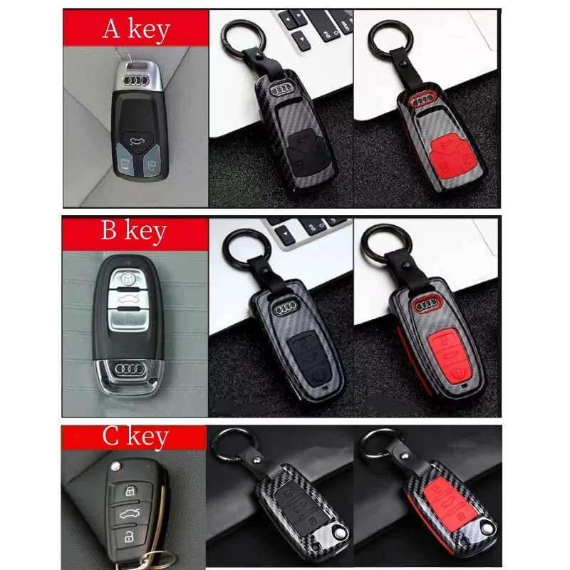 Car Key Cover Case Protector For Audi A3 A4 A5 C5 C6 8L 8P B6 B7 B8 C6 RS3 Q3 Q7 TT 8L 8V S3 keychain ABS Carbon fiber Silicone