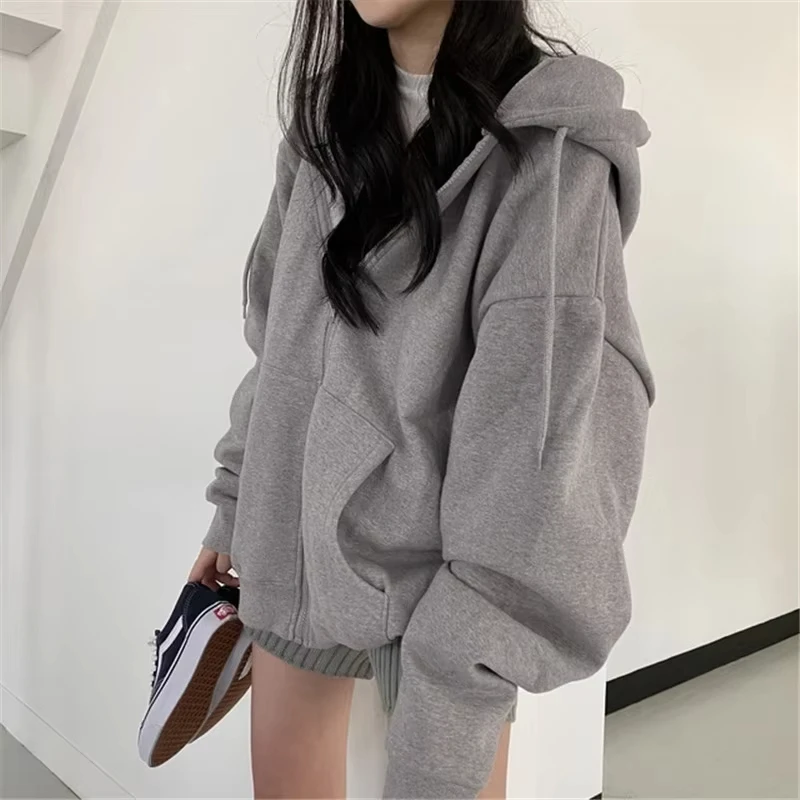 

Korean Fashion Zip Up Hoodies Women Autumn Winter Loose Long Sleeve Tops Hood Shirt Solid Streetwear Casual Fleece Sweatshirt