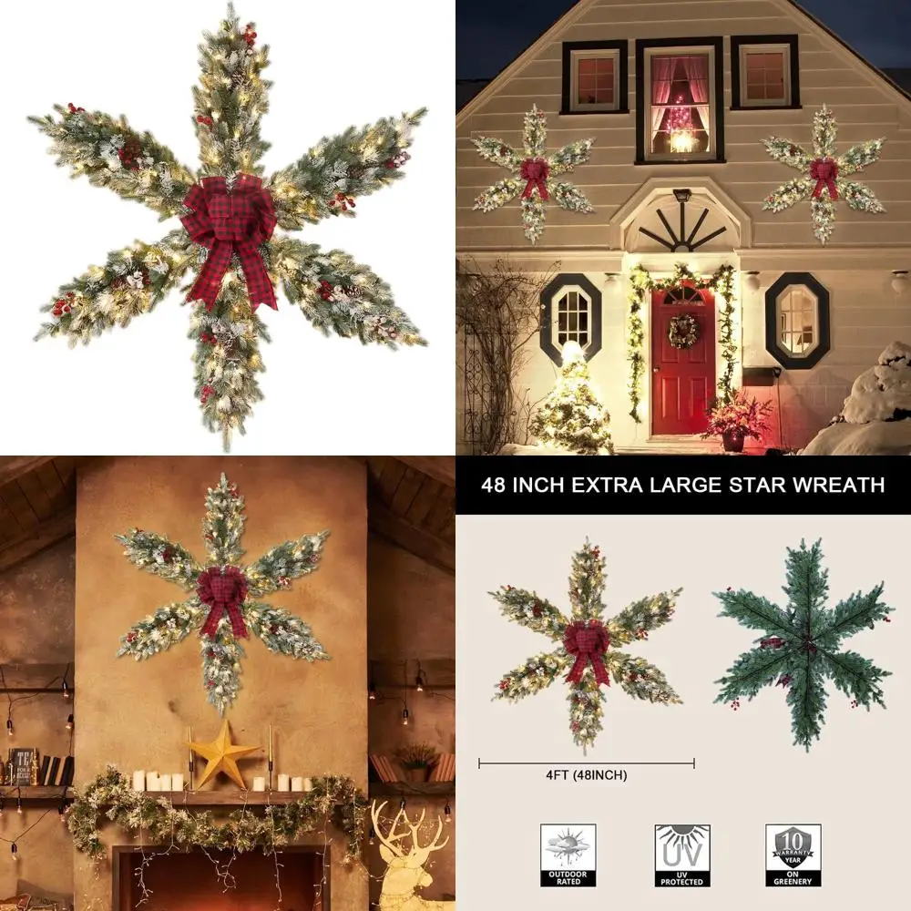 

48 предварительно освещенных венок со снежной звездой, рождественский декор для дверей высотой 4 фута с 120 огнями, бантами, ягодами и сосновыми шишками