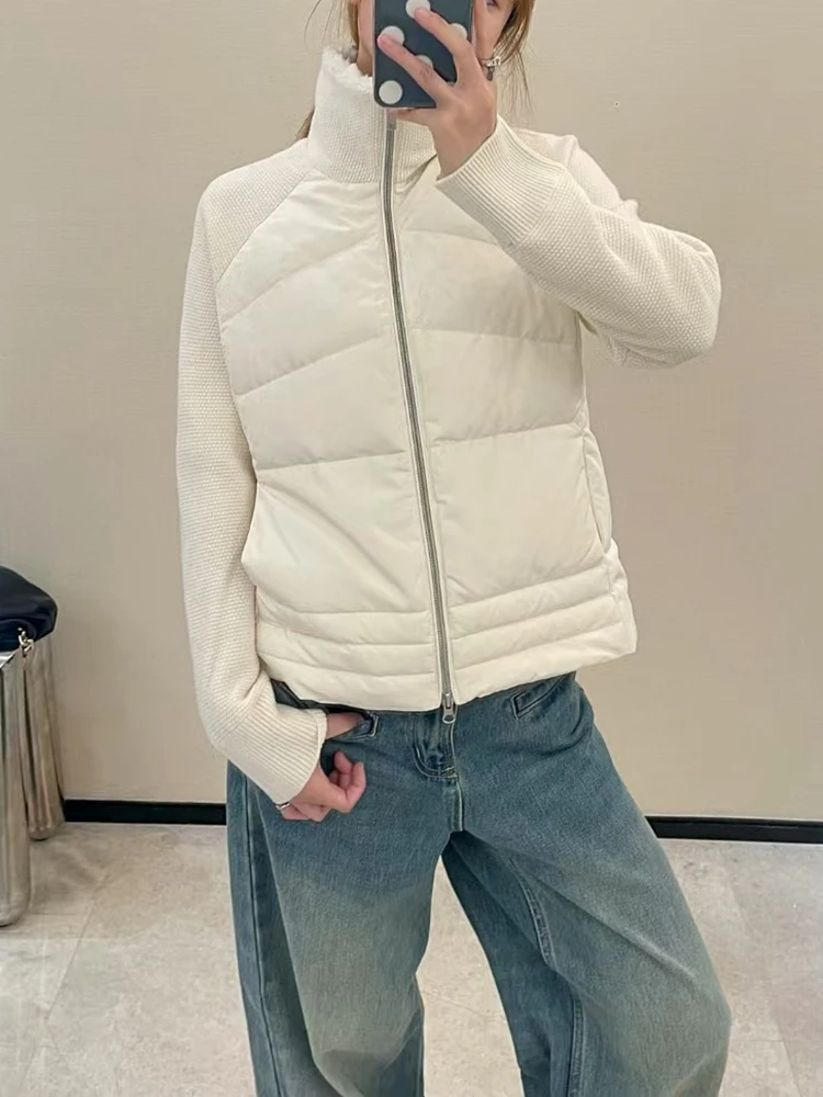 Doudoune à la mode pour femme, avec revers en peluche chaud et manteau à pain à manches tricotées en patchwork, nouvelle collection hiver 2025