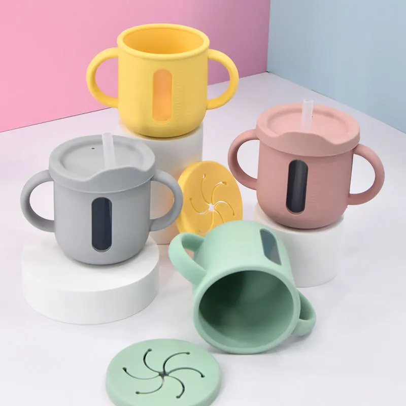 Kids Silicone Feeding Cup Snack Container Baby Trainer Cups BPA Free Spill Proof Sippy Tableware for Toddlers