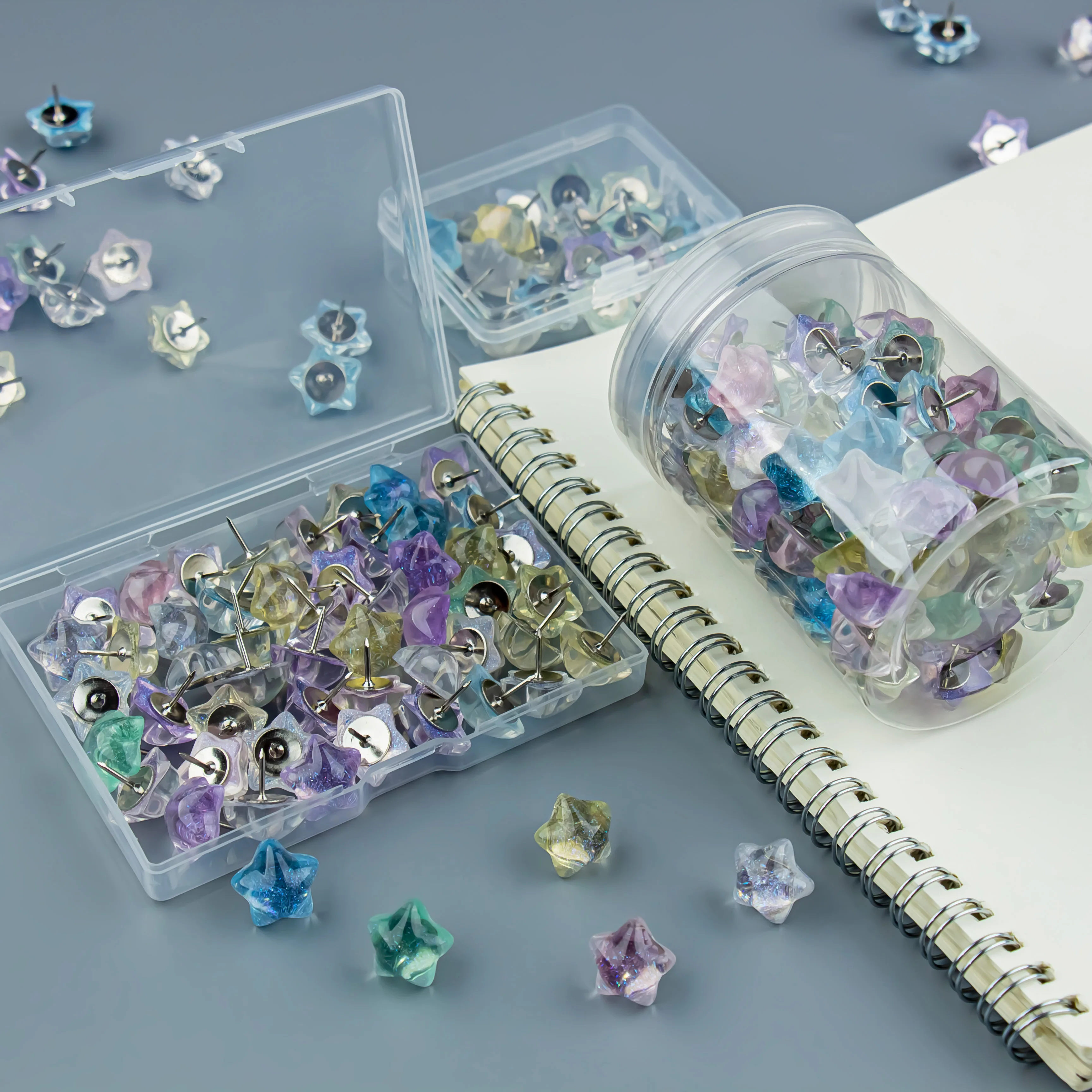 Transparent Star Push Pins Mixed Color Pentagram Thumb Tacks With Box for Cork Board Photo Wall School Office DIY Decor