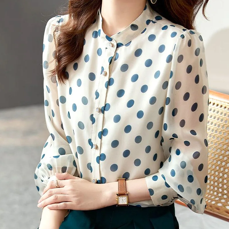 Straight Blouses Casual Printing Dot Patroon Knop Kantoor Dame Eenvoudige Modieuze Lente Zomer Temperament Vrouwen Kleding