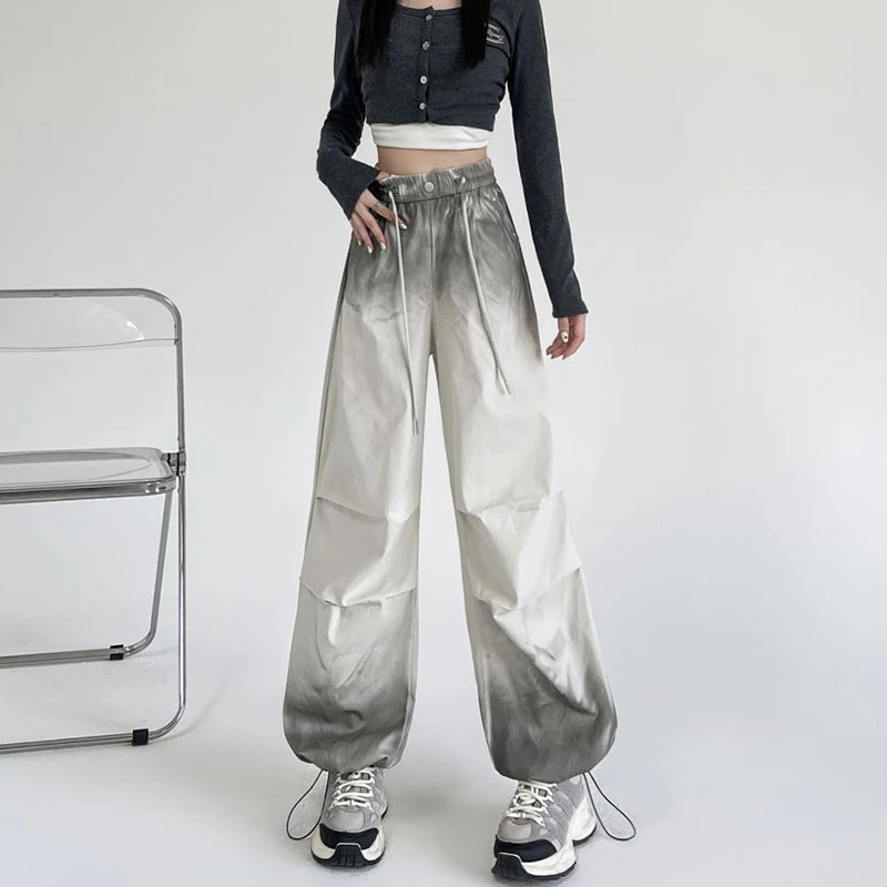 Women Grey Cargo Pants Baggy Streetwear 90s Aesthetic Parachute Pants Harajuku Japanese 2000s Style Y2k Vintage Trousers Clothes