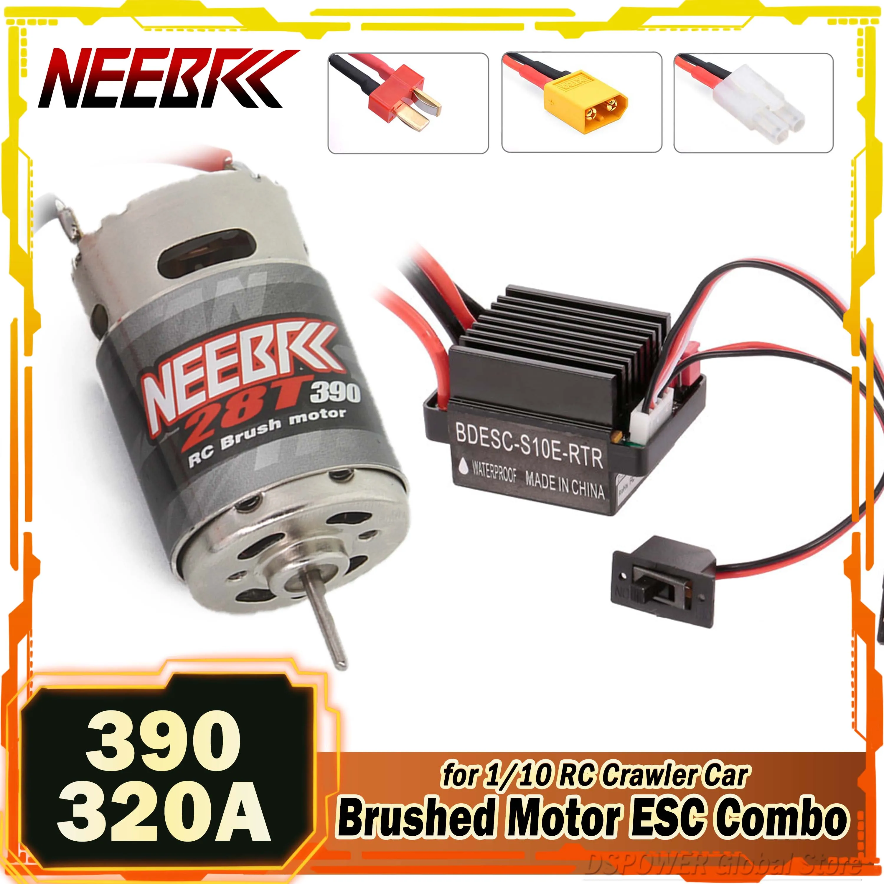 

NEEBRC 390 28T RC Brushed Motor 320A ESC 5V/2A BEC 60A Speed Controller 2-3S Forward+Brake+Retreat for 1/10 Crawler Car Model