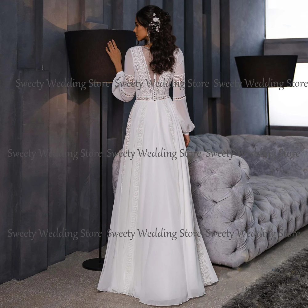 Jiayigong weiß Boho Brautkleid für Braut charmante lange Ärmel o Hals böhmische Spitze Brautkleider eine Linie Kleid