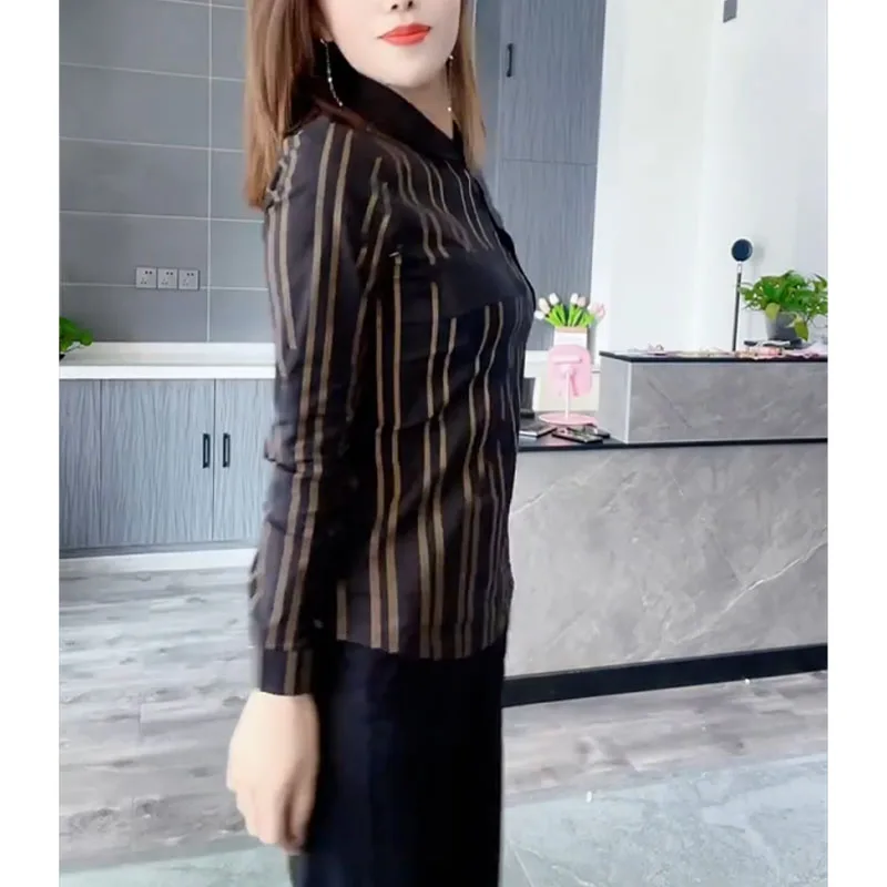 2024 Women\'s New Spring Autumn Spliced Stripe Polo-Neck Button Slim Fashion Simplicity Versatile Long Sleeve Premium Shirts Top