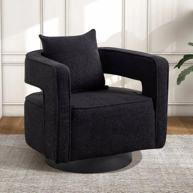 Black modern durable casual accent chair rotating tweed fabric living room single seat furniture