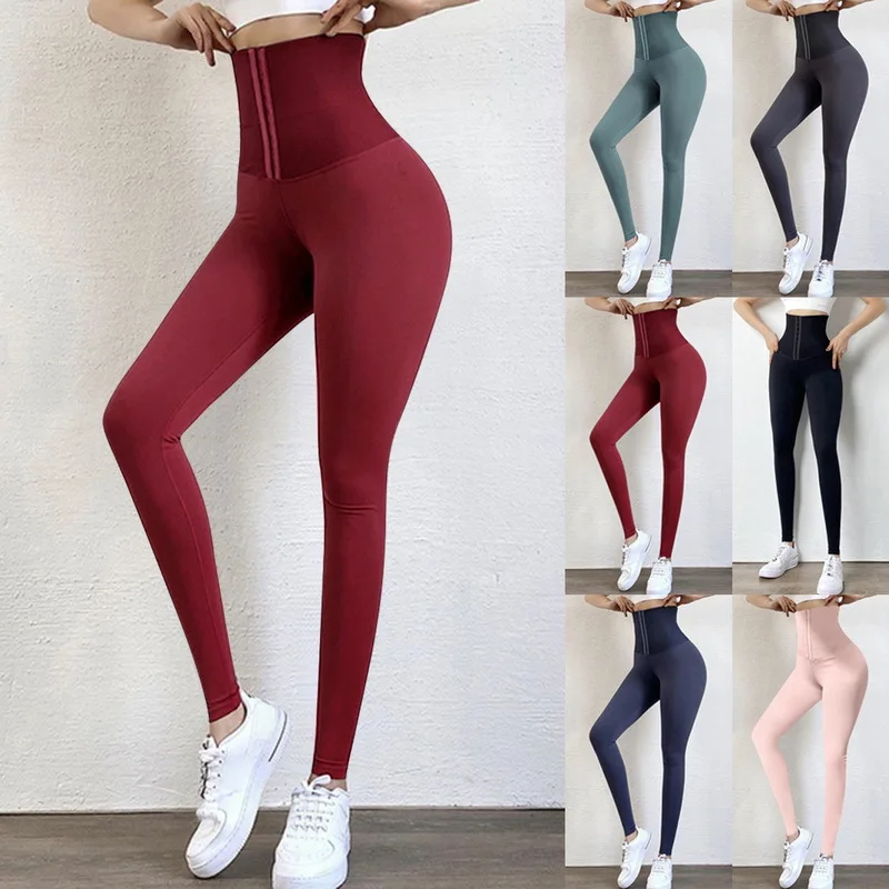 Double-breasted high-waisted, hip-lifting and belt-tightening elastic tight pants for women with fleece