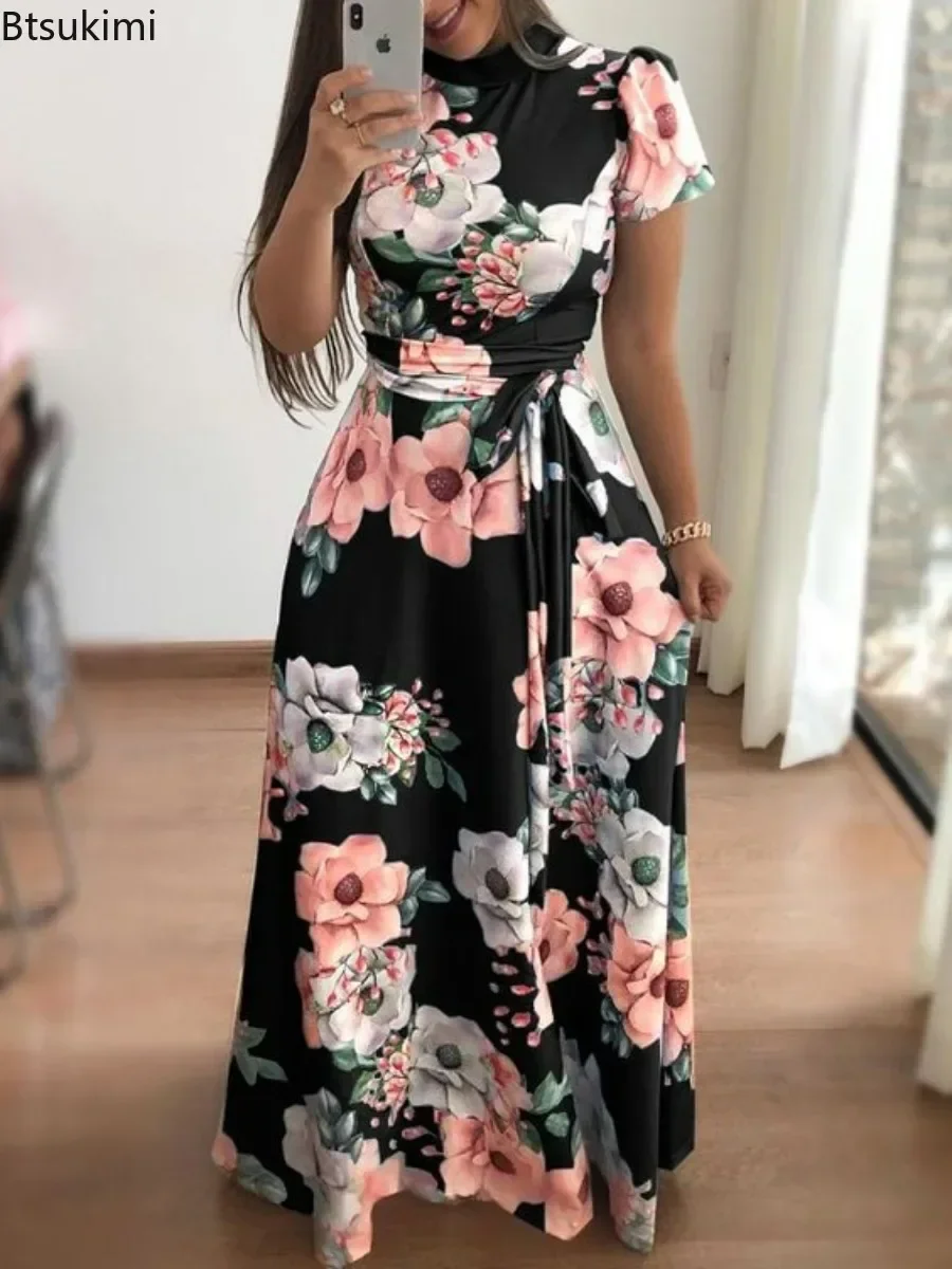 New 2026 Women\'s Summer Casual Floral Print Dress Luxury Retro Fashion Round Neck Mid Waist Comfortable Large Swing Dress Female