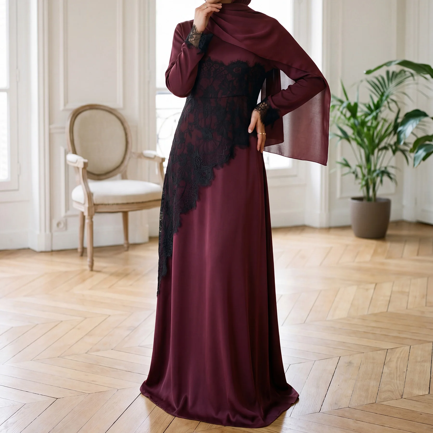 

Feminine Slim-Fit Modest Muslim Long Women Dress Ramadan Eid Hijabi Islamic Clothes-Round Neck, Long Sleeves, Black Lace Overlay