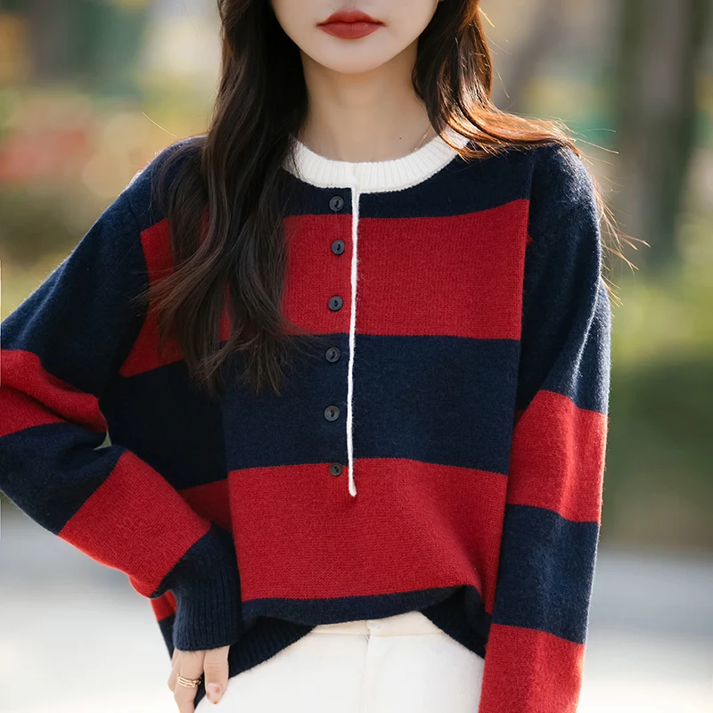 Classic Half open button decoration Wool Blend Pullover Women Knitting Splicing Sweater O-Neck Long sleeves Warm Loose Tops