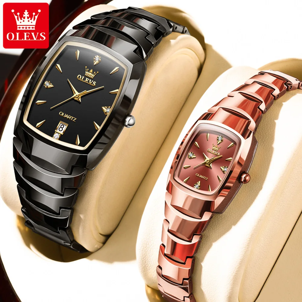 OLEVS Brands New Luxury Tungsten Steel Gold Couple Watch for Men Women Waterproof Calendar Fashion Quartz Couple Wristwatches