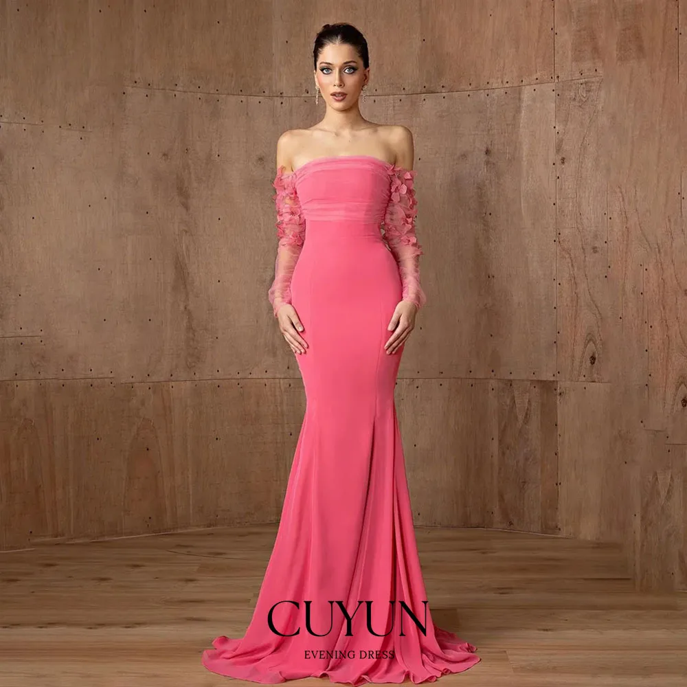 Cuyun personalizado sereia rosa vestido de noite 2026 mangas compridas 3d flores feminino vestido de festa de casamento elegante formal longo vestido de baile